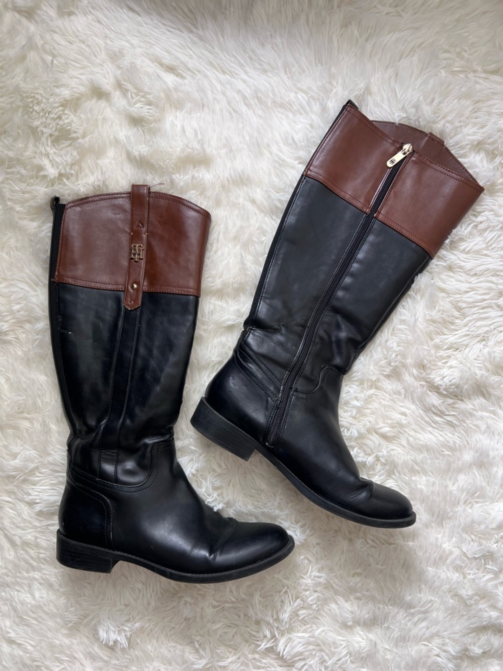 Tommy Hilfiger Black and Brown Knee-High Riding Boots